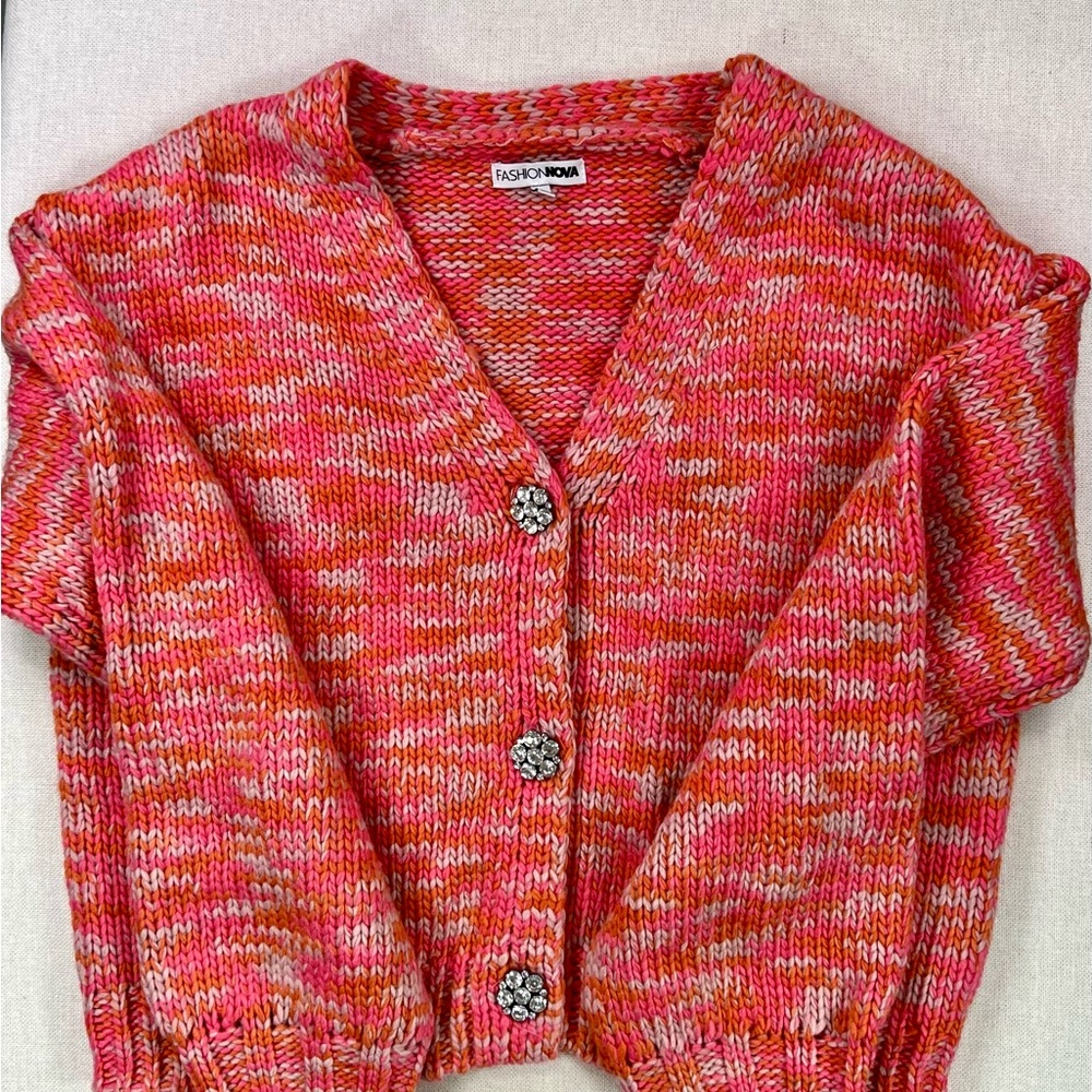 Knit Vibrant Pink and Orange Cardigan with Brooch-style buttons, size M